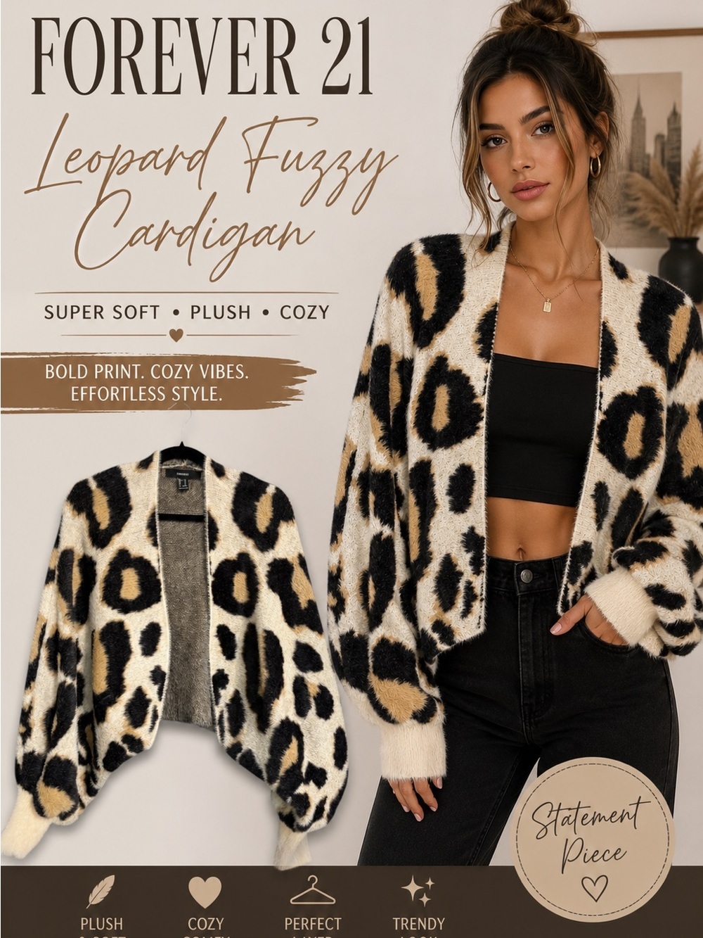 Forever 21 Leopard Print Fuzzy Cardigan Sweater Small Plush Open Front